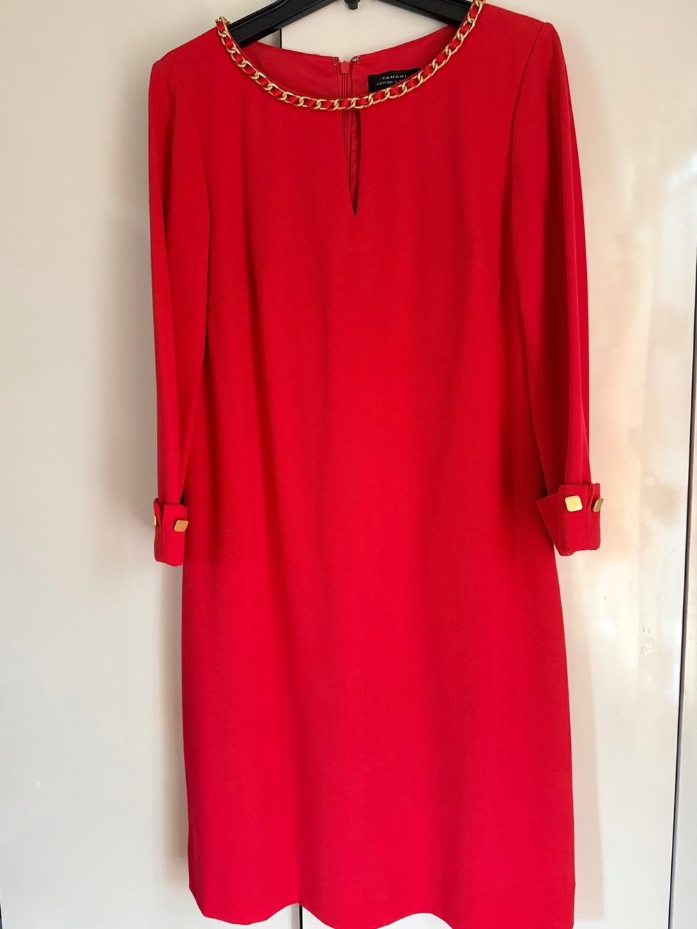 Tahari Red Long-Sleeve Shift Dress with Gold Chain Neckline